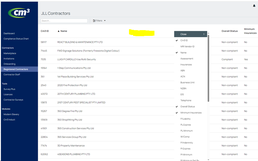 Contractor Filing System Registered Contractors Page - how to customise your view (Columns)