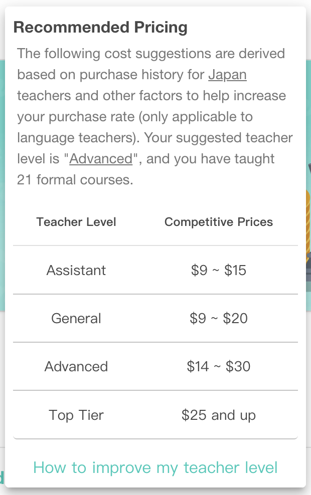 Teacher level types and recommended pricing