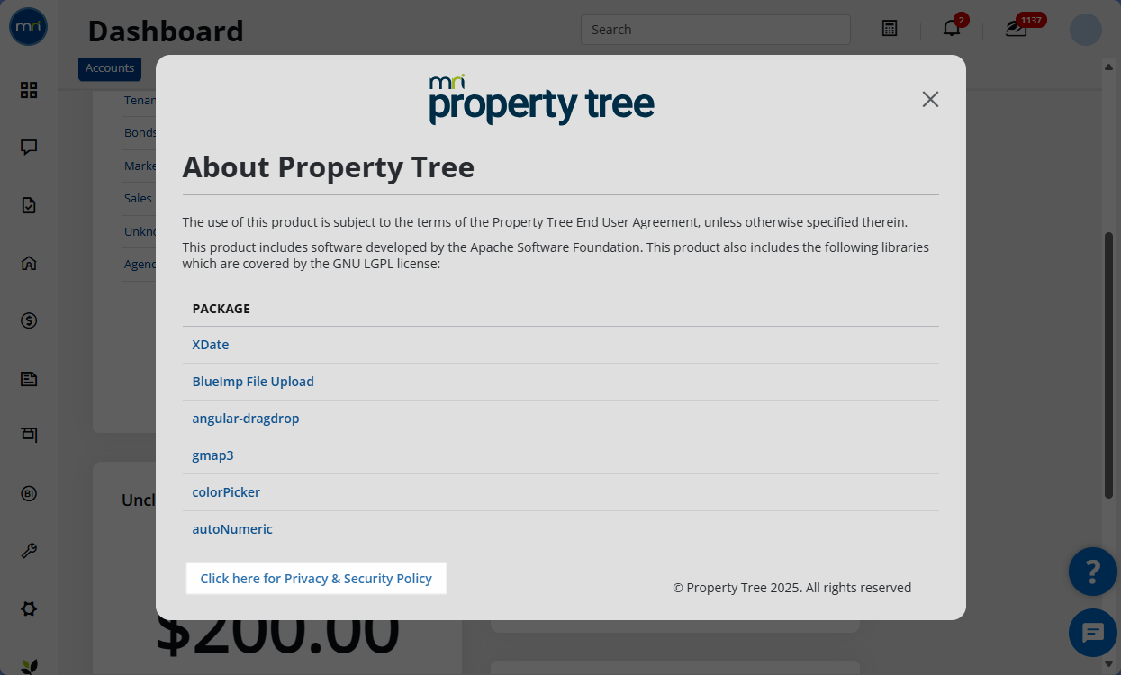 View Property Tree version and privacy policy