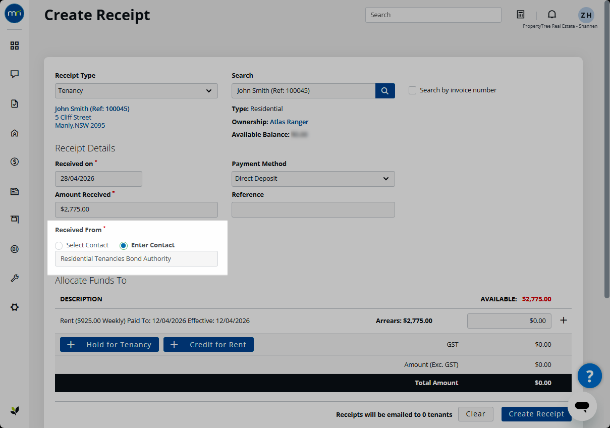 Receipt and allocate bond claim