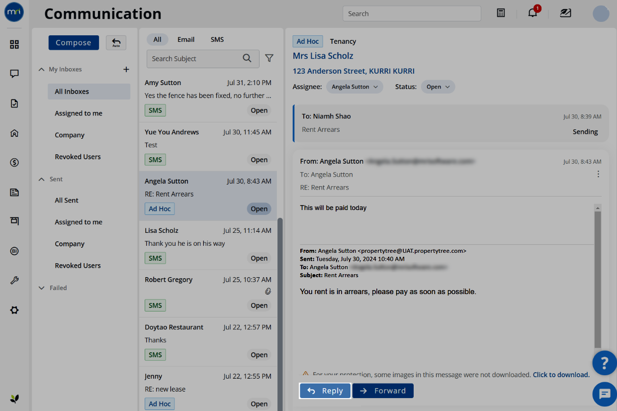 Reply to and forward emails in the Communication Platform