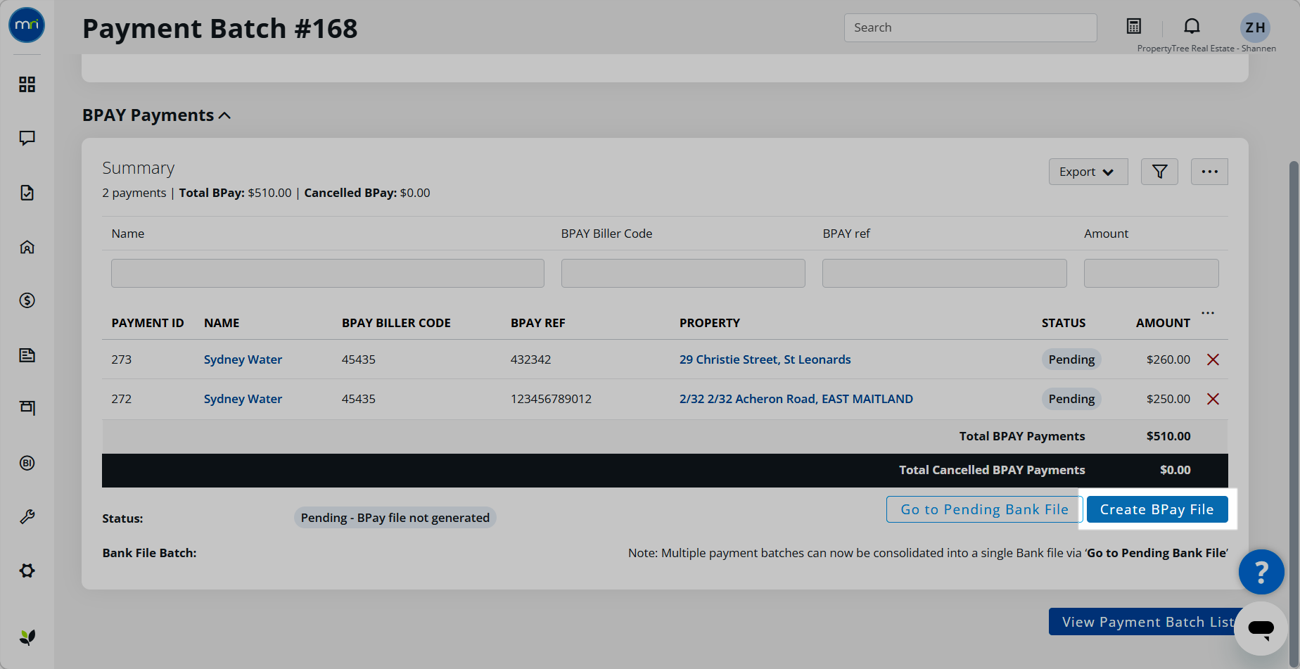 Create a bulk BPay payment