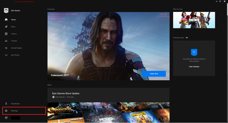 Settings in the Epic Games Launcher