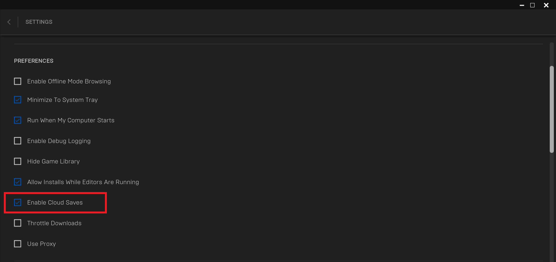 Disable cloud saves in the Epic Games Launcher