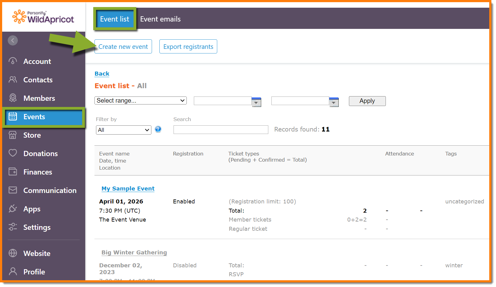 Setting up an advanced event