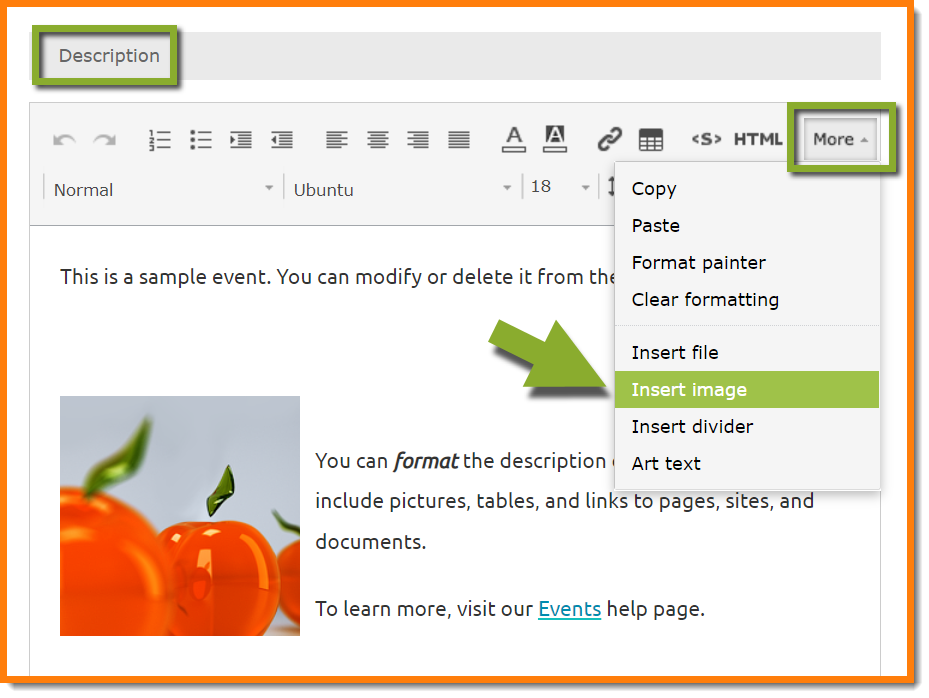 Events Insert Setting up an advanced event