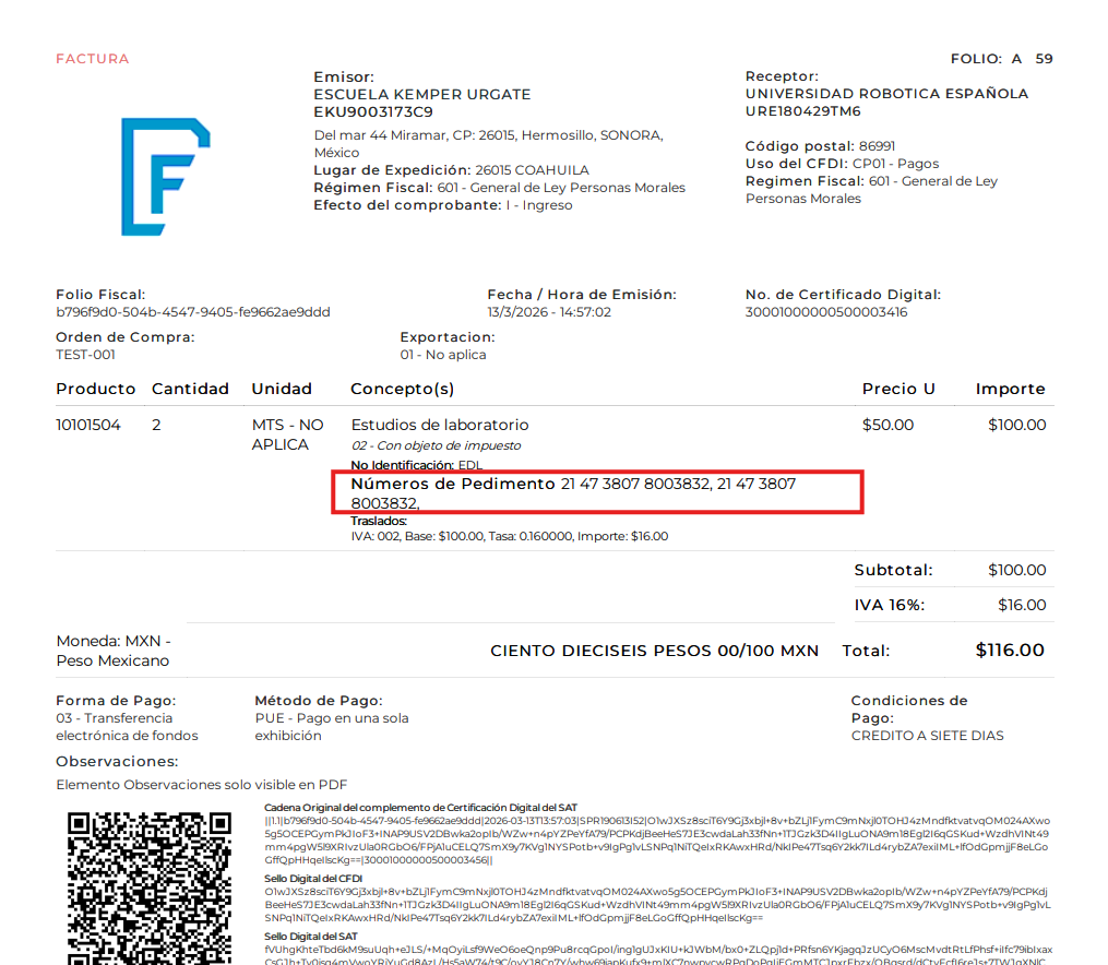 CFDI 4.0 | Concepts with customs declaration numbers