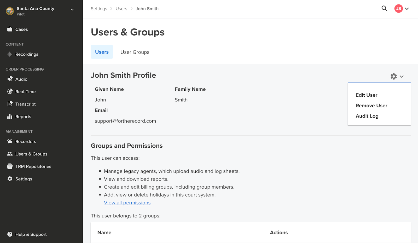 Court System User Audit Log