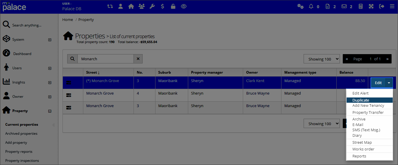 Process a property transfer manually