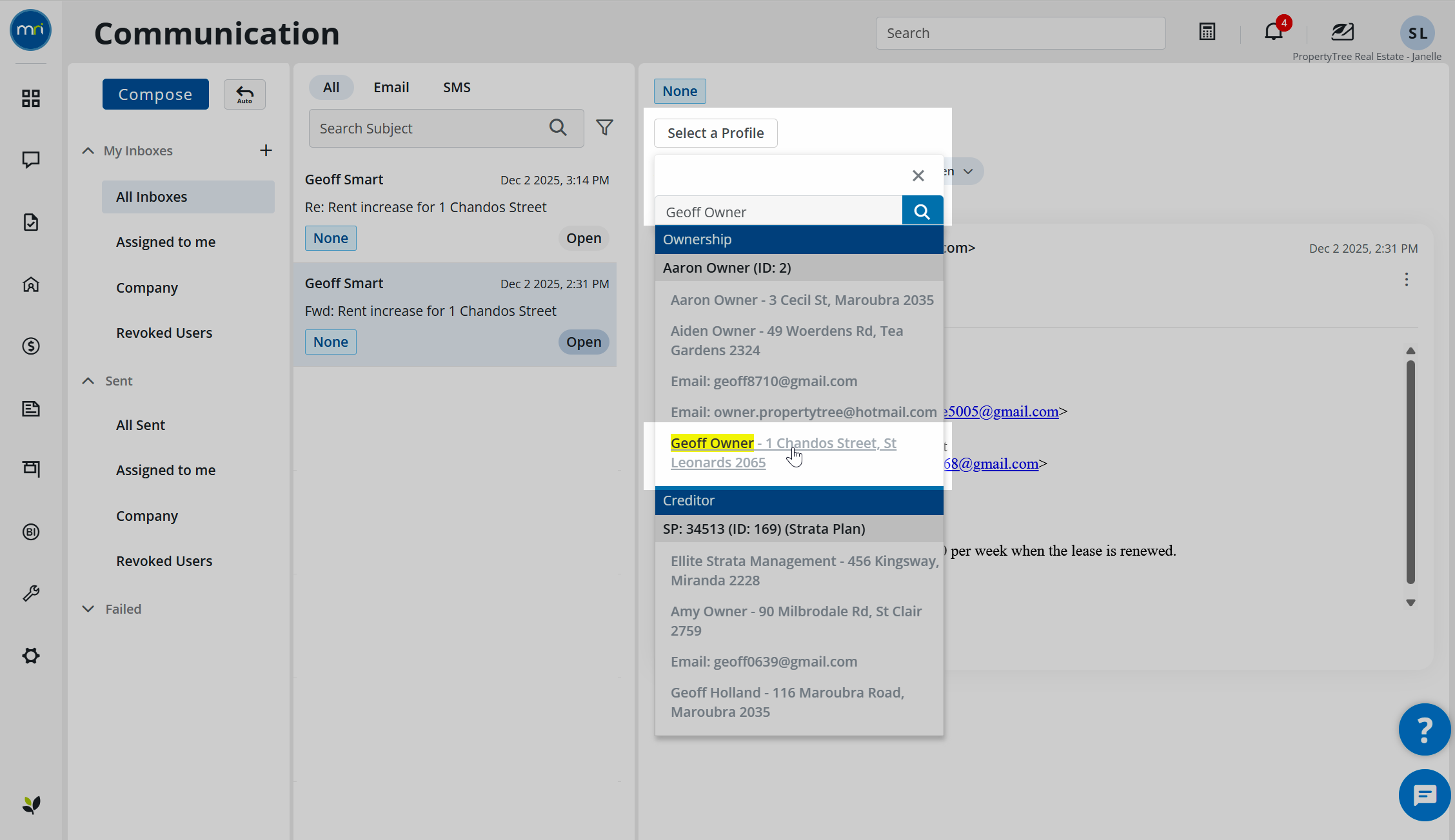 Email Chain Tree Send emails from an external account to Property Tree