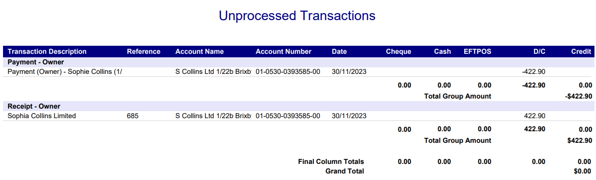 Unprocessed Transaction Transfer funds between properties