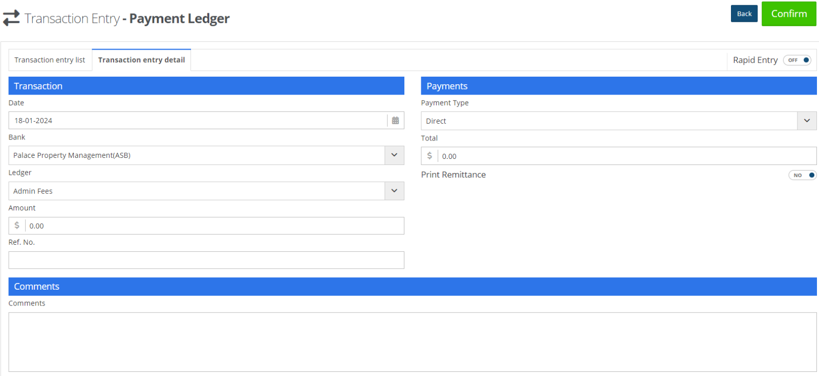 Receipt to and pay a ledger