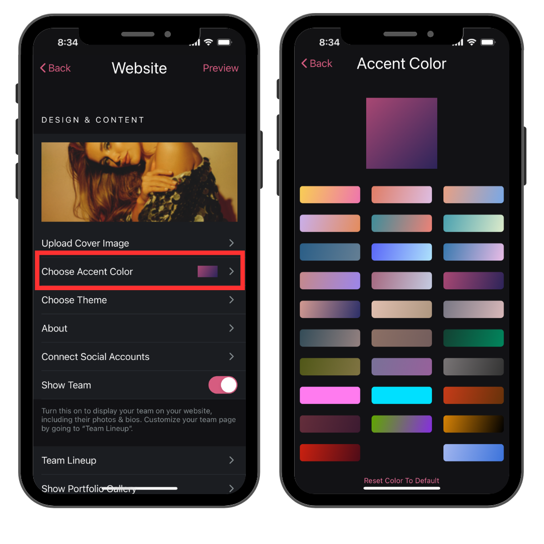 Online Booking Site Accent Colors