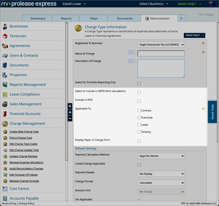 Manage charge types