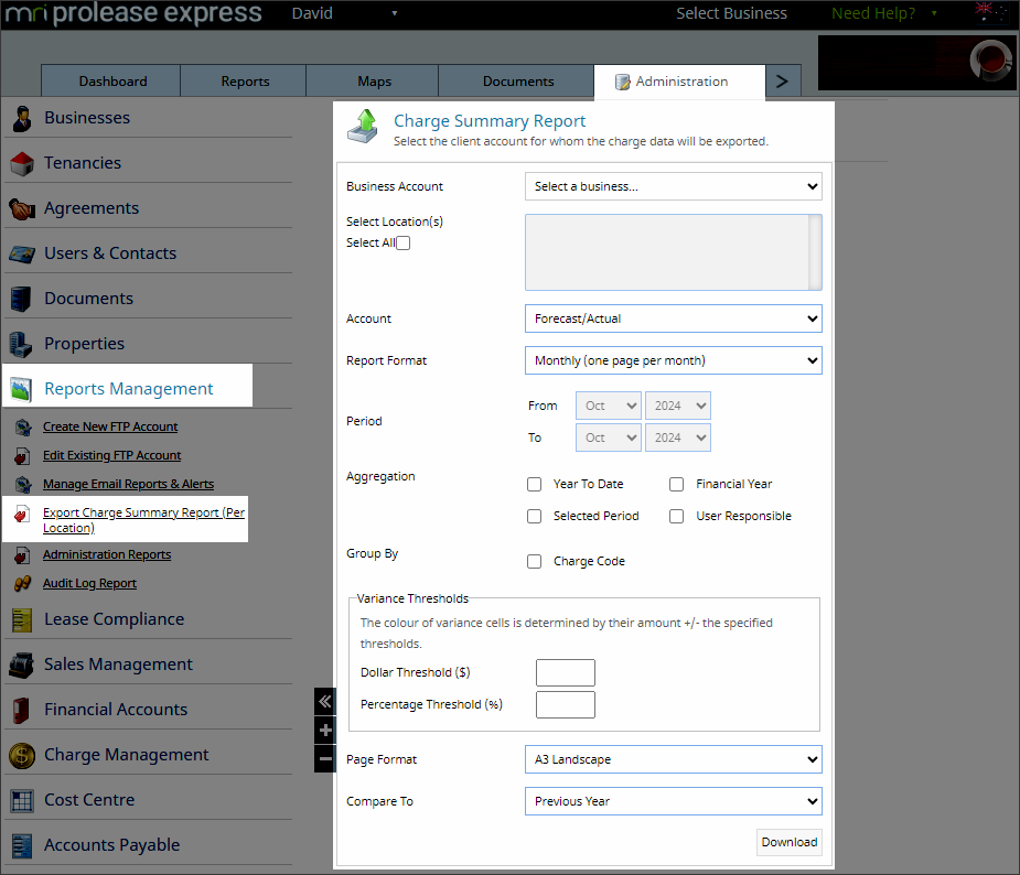 Export charge summary report