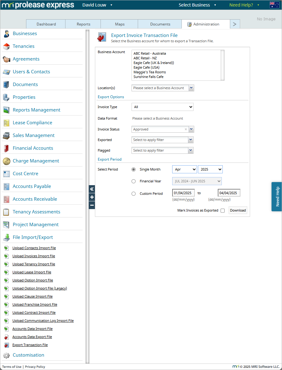 Export transaction file