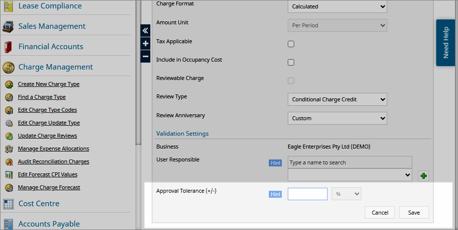 Manage charge types