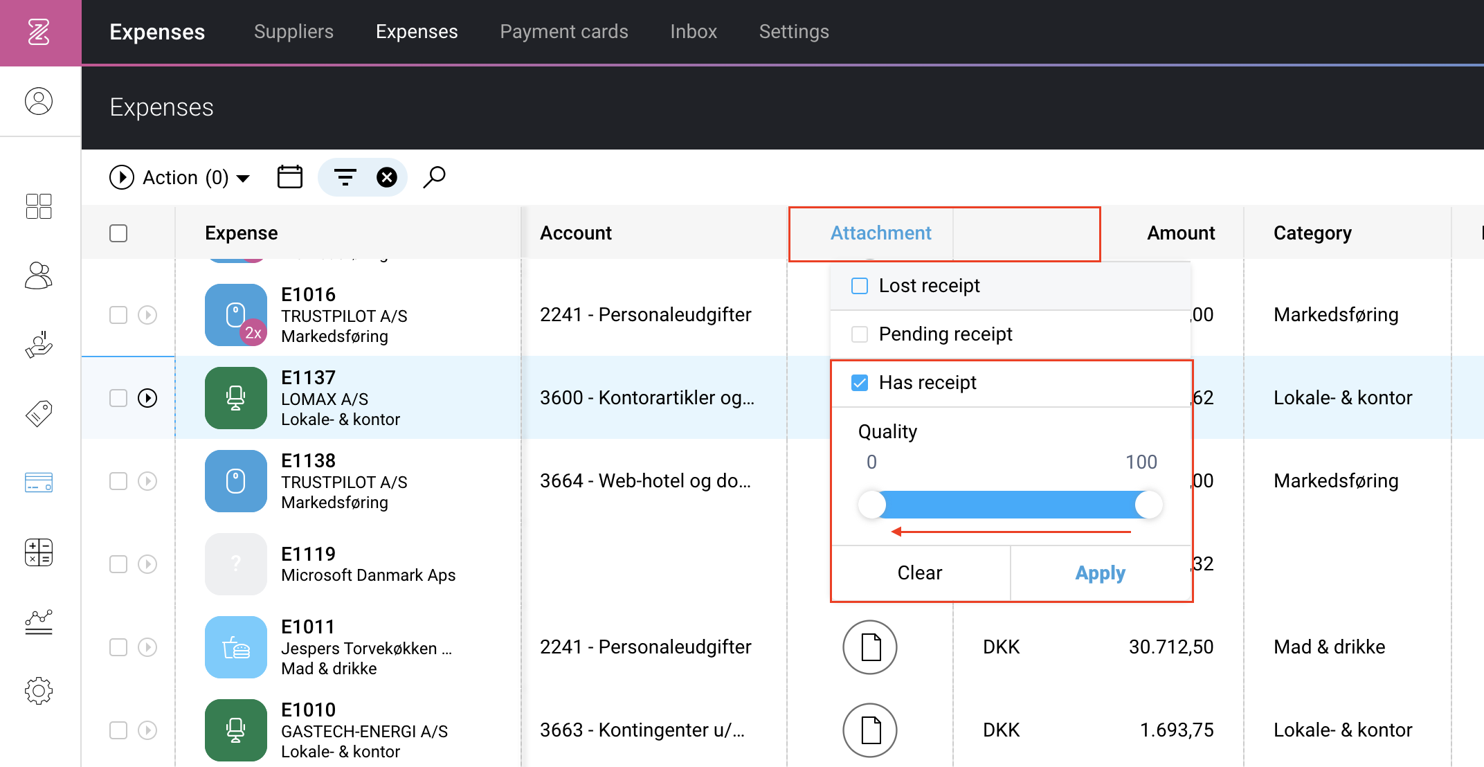 Status and filters in the column 