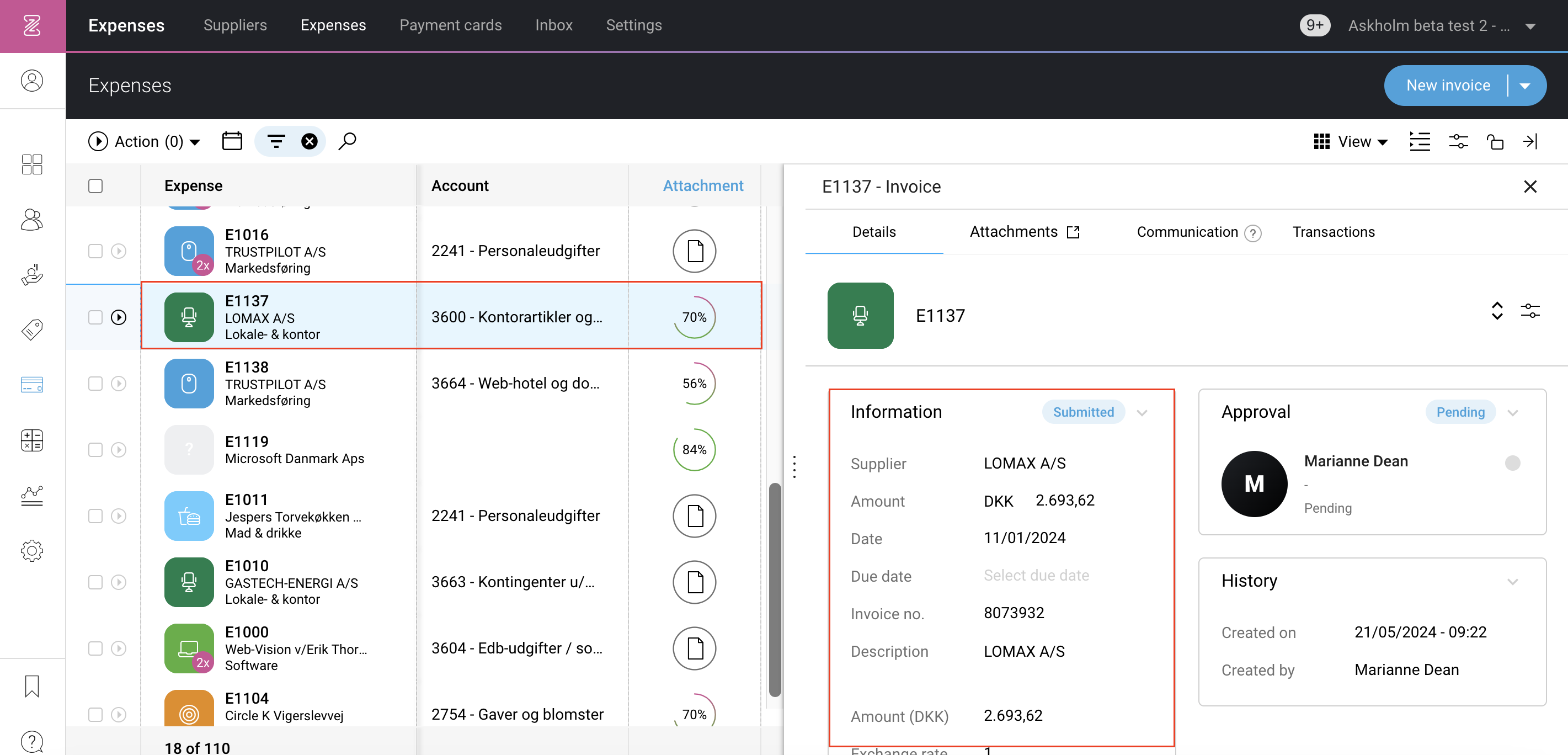 Status and filters in the column 