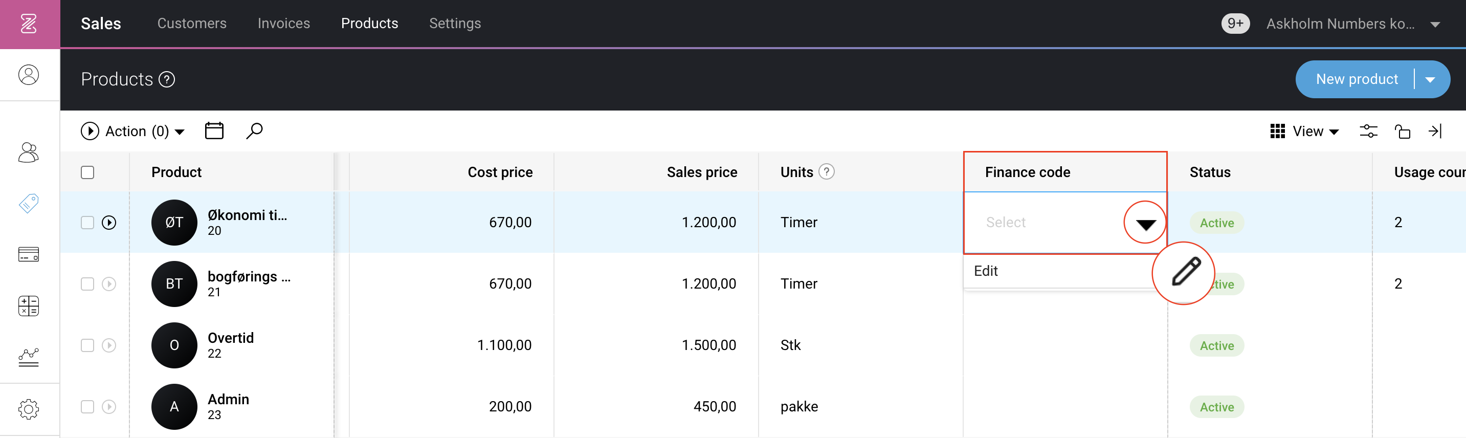 Fin Code Create and add finance codes to products