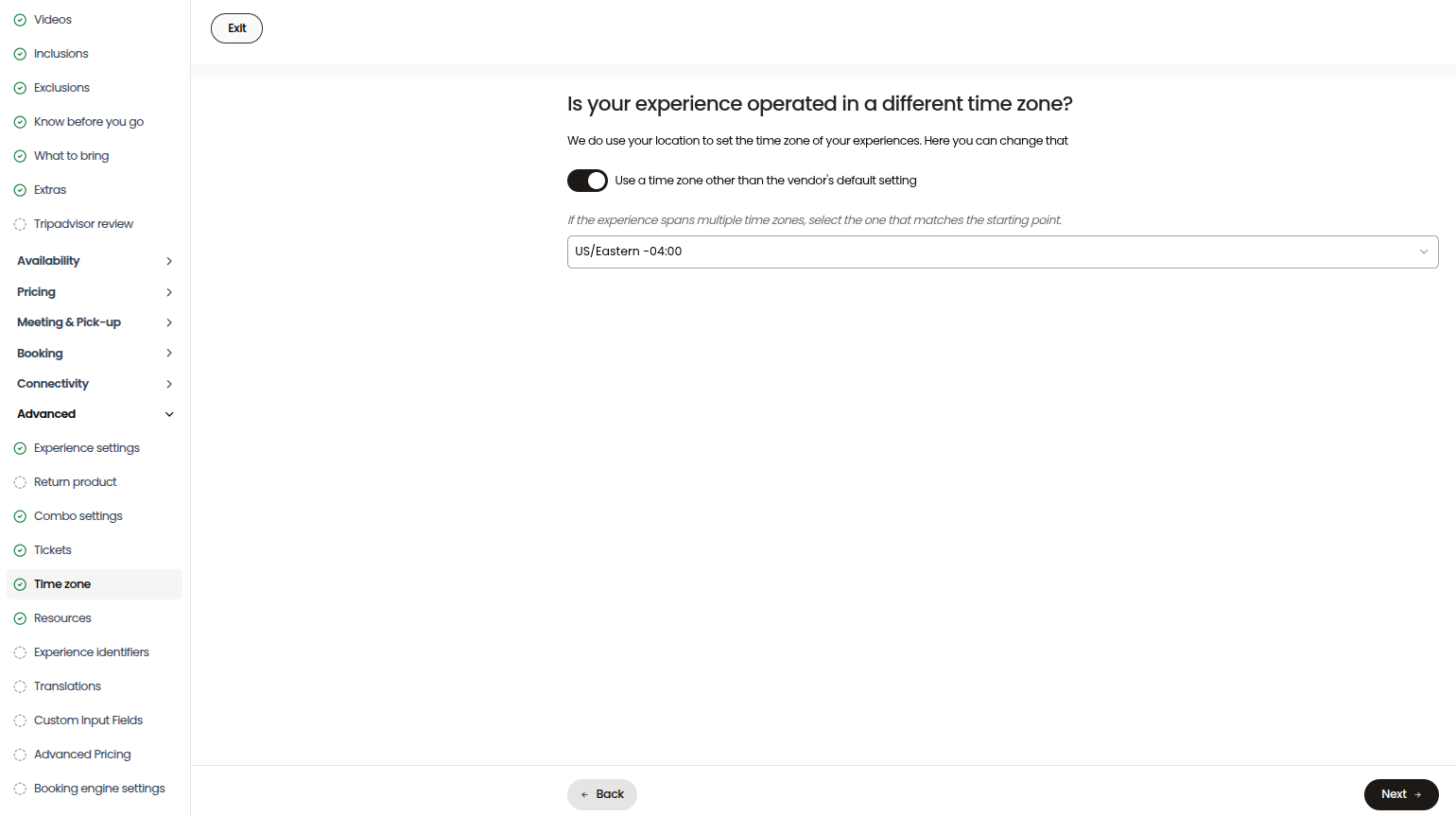 How to set time-zones for individual experiences