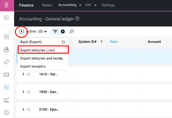 Export of the year's entries to the closing tool