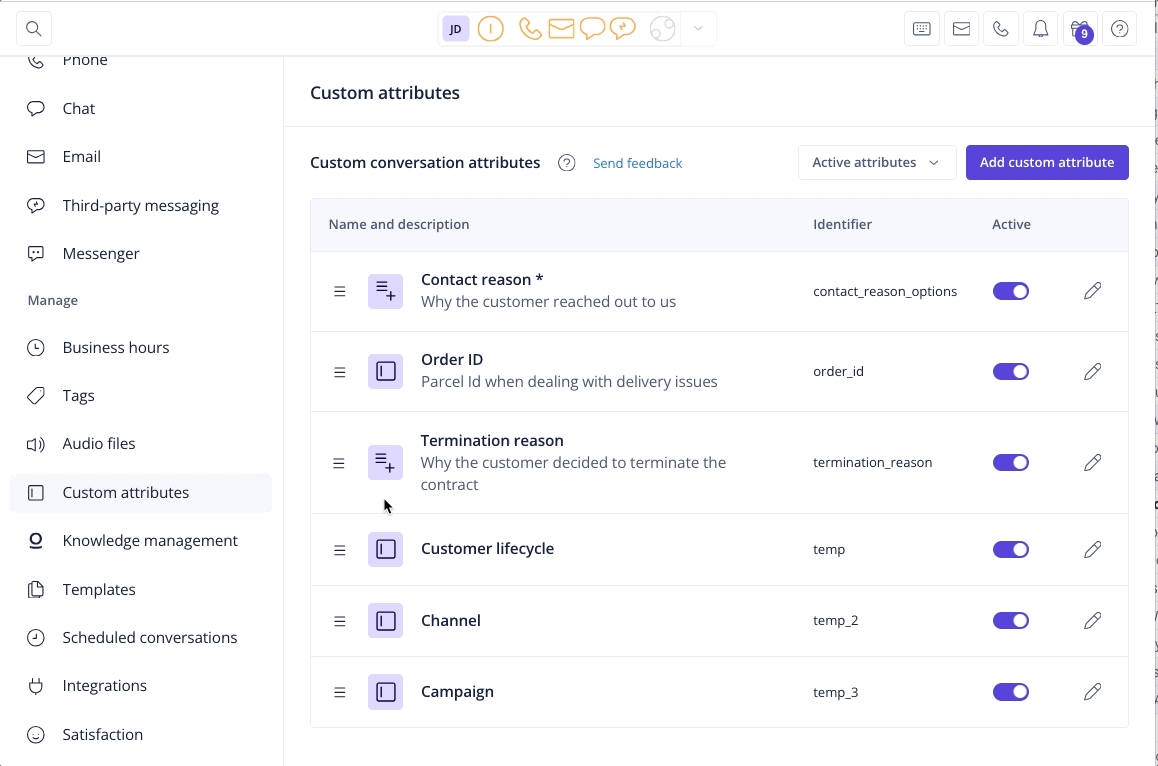 Adding & editing custom conversation attributes