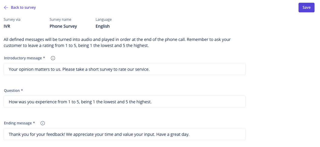 Survey configuration for Phone conversations