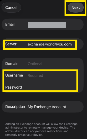 How can I set up Microsoft Hosted Exchange on my iPhone in the Mail app?