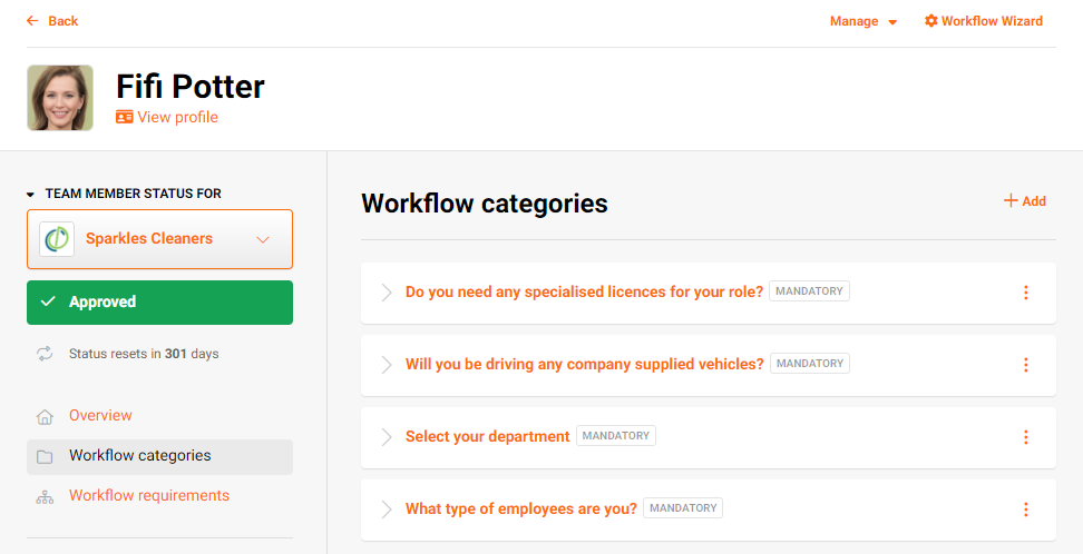 A team member's workflow page