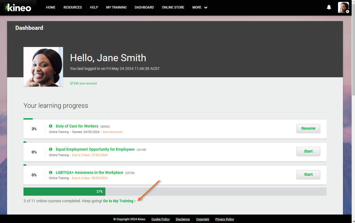 My Learning Section My Training page