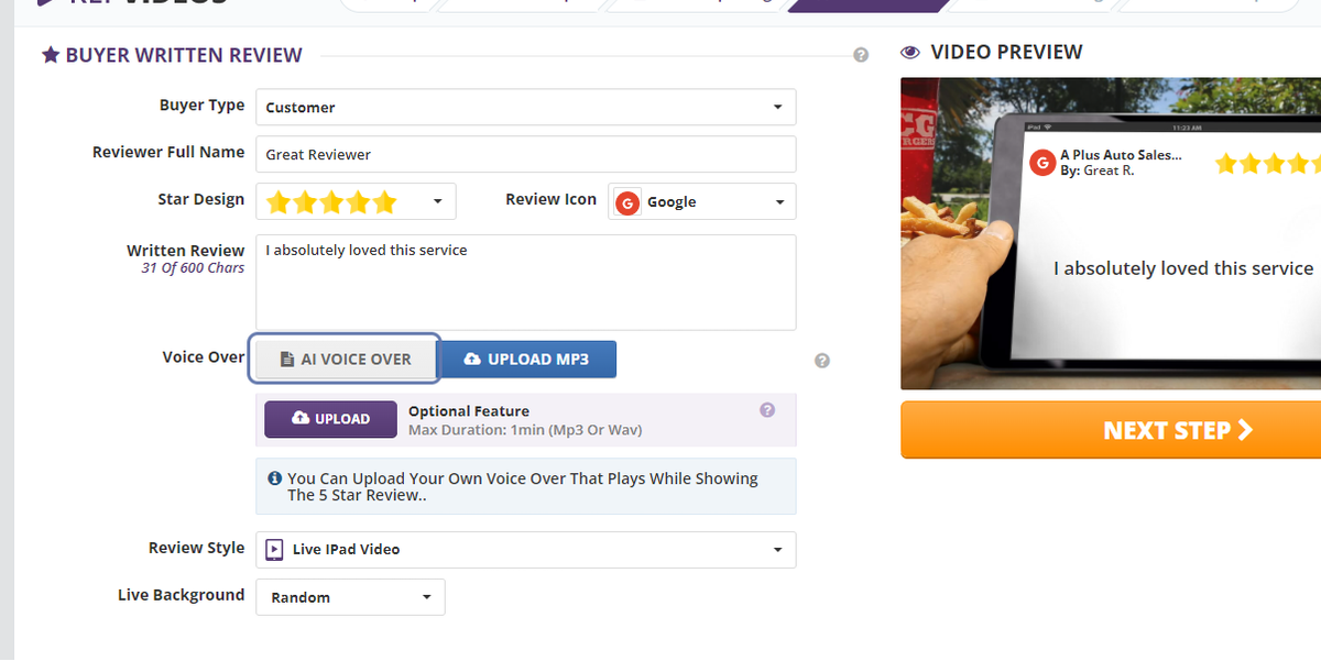 Select a review on the next step and add the AI VOICE OVER