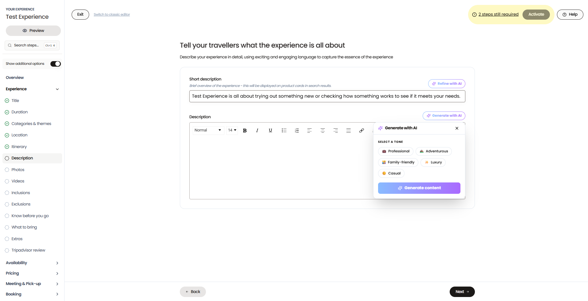 How to Create an Experience using new Product Creation Flow